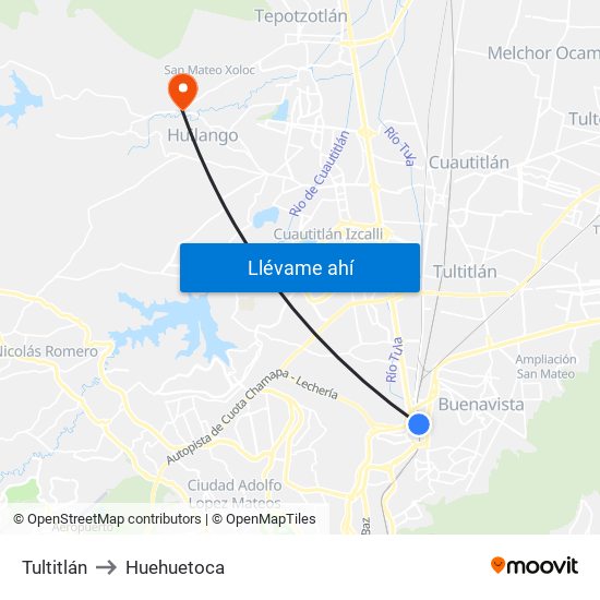 Tultitlán to Huehuetoca map