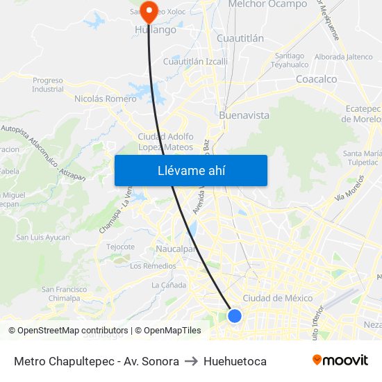 Metro Chapultepec - Av. Sonora to Huehuetoca map