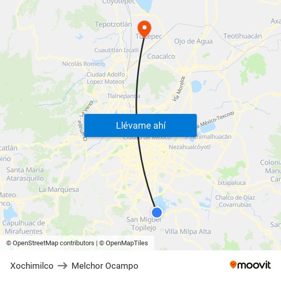 Xochimilco to Melchor Ocampo map