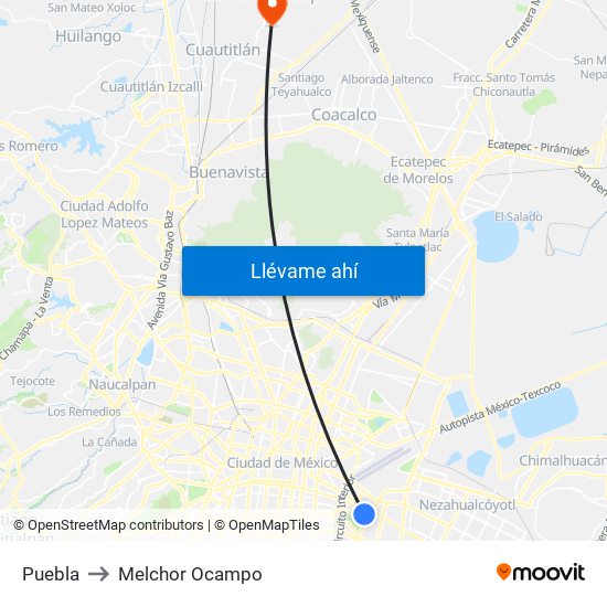 Puebla to Melchor Ocampo map
