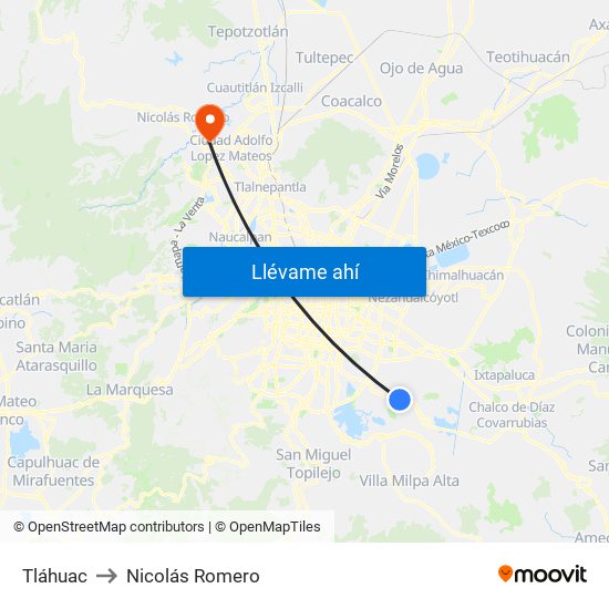 Tláhuac to Nicolás Romero map