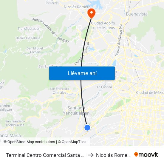 Terminal Centro Comercial Santa Fé to Nicolás Romero map