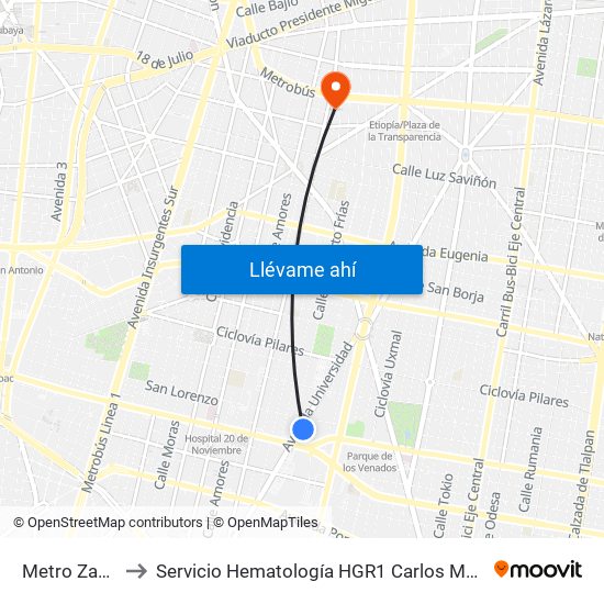 Metro Zapata to Servicio Hematología HGR1 Carlos Mac Gregor map