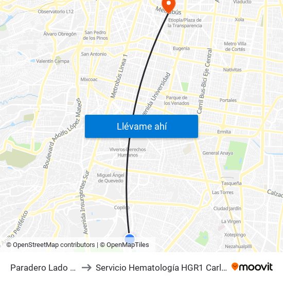 Paradero Lado Poniente to Servicio Hematología HGR1 Carlos Mac Gregor map