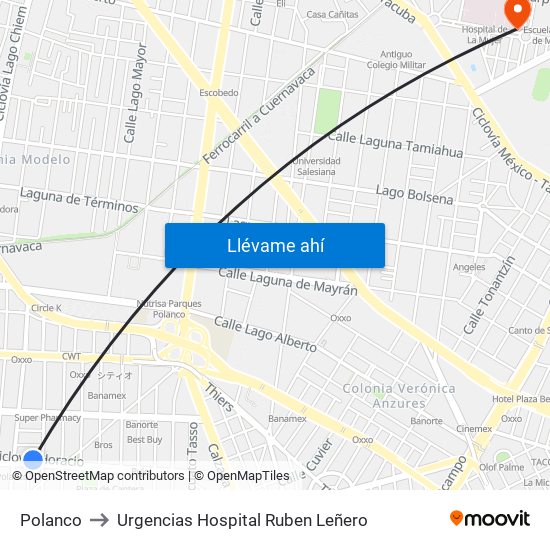 Polanco to Urgencias Hospital Ruben Leñero map