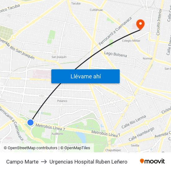 Campo Marte to Urgencias Hospital Ruben Leñero map