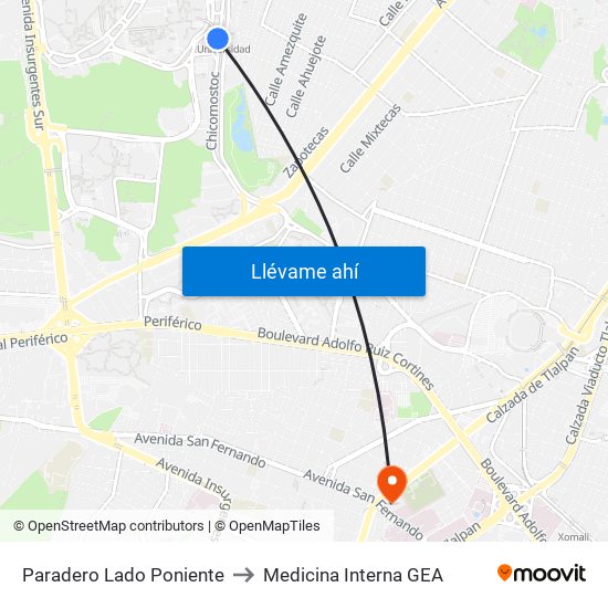 Paradero Lado Poniente to Medicina Interna GEA map