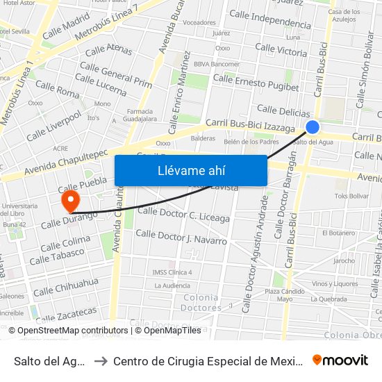 Salto del Agua to Centro de Cirugia Especial de Mexico map