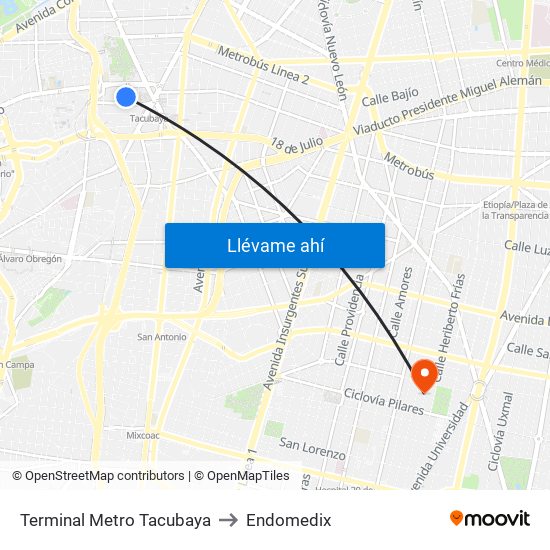 Terminal Metro Tacubaya to Endomedix map