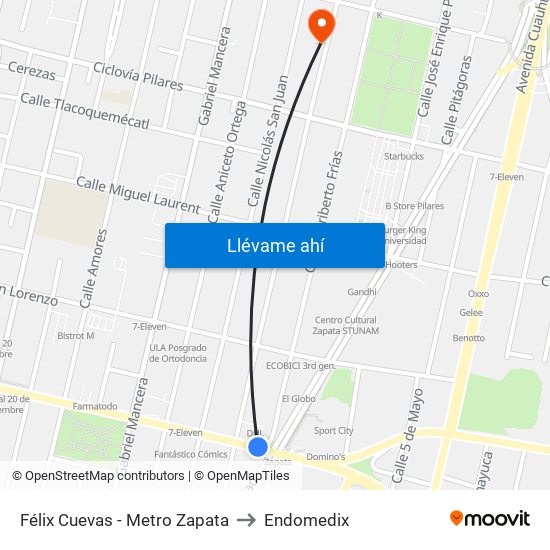 Félix Cuevas - Metro Zapata to Endomedix map