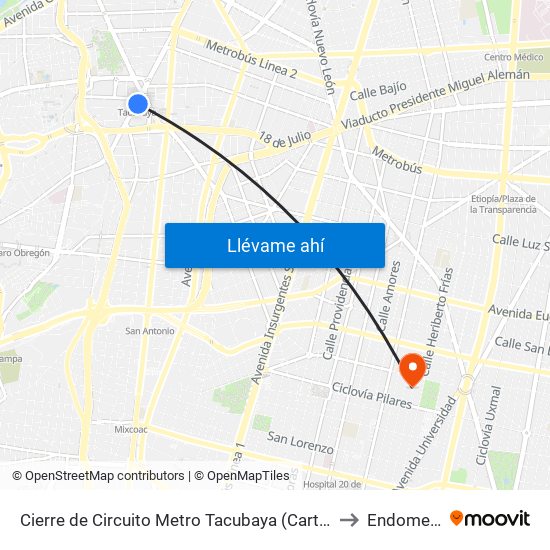 Cierre de Circuito Metro Tacubaya (Cartagena) to Endomedix map