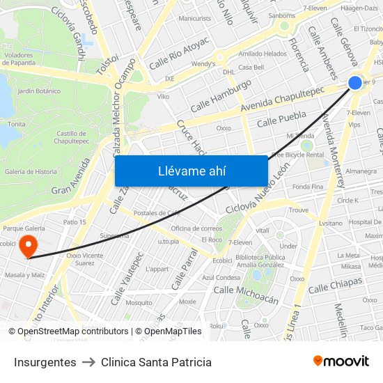 Insurgentes to Clinica Santa Patricia map