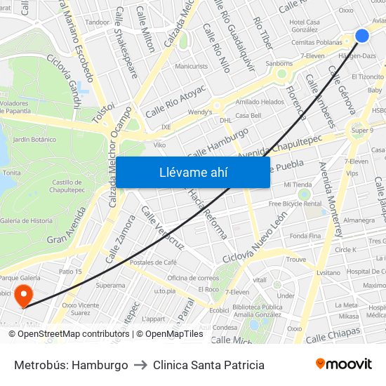 Metrobús: Hamburgo to Clinica Santa Patricia map