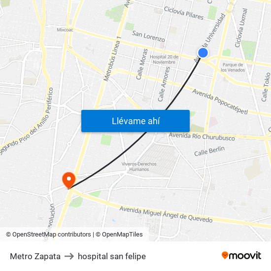 Metro Zapata to hospital san felipe map