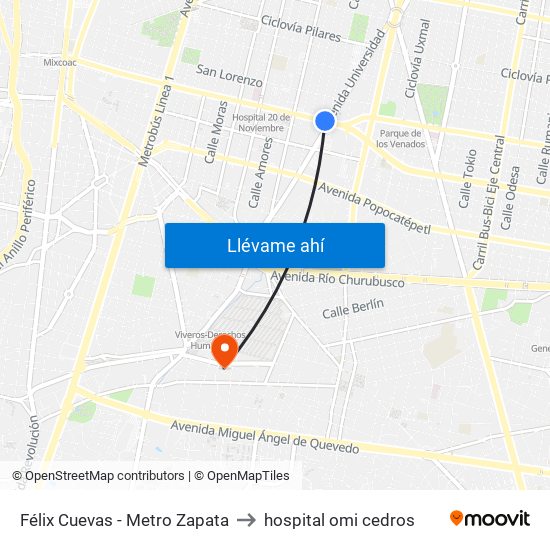 Félix Cuevas - Metro Zapata to hospital omi cedros map