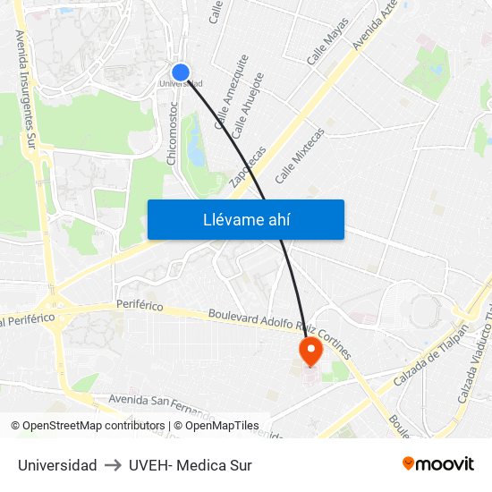 Universidad to UVEH- Medica Sur map