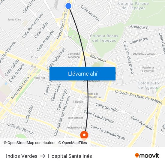 Indios Verdes to Hospital Santa Inés map