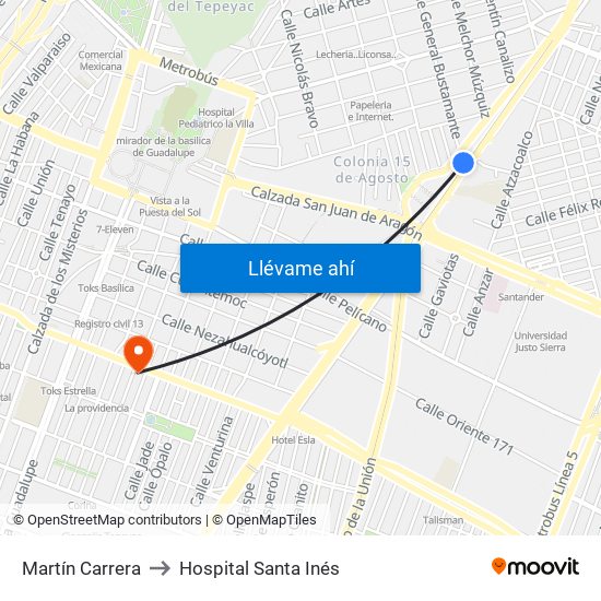 Martín Carrera to Hospital Santa Inés map