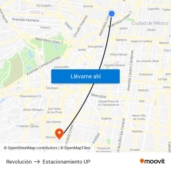 Revolución to Estacionamiento UP map