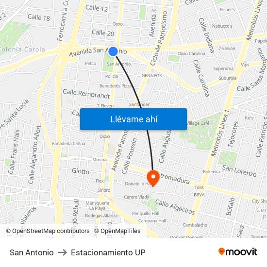 San Antonio to Estacionamiento UP map