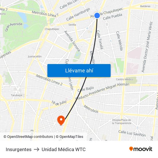 Insurgentes to Unidad Médica WTC map