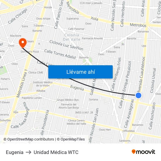 Eugenia to Unidad Médica WTC map