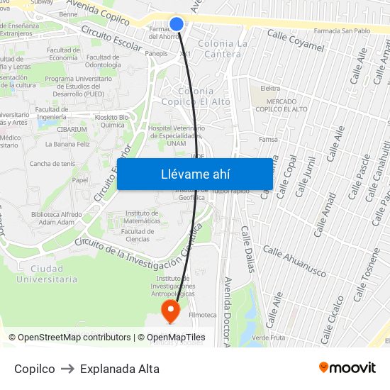 Copilco to Explanada Alta map
