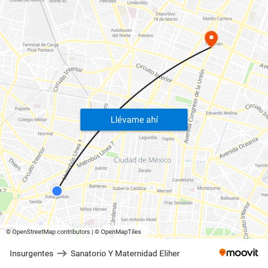 Insurgentes to Sanatorio Y Maternidad Eliher map