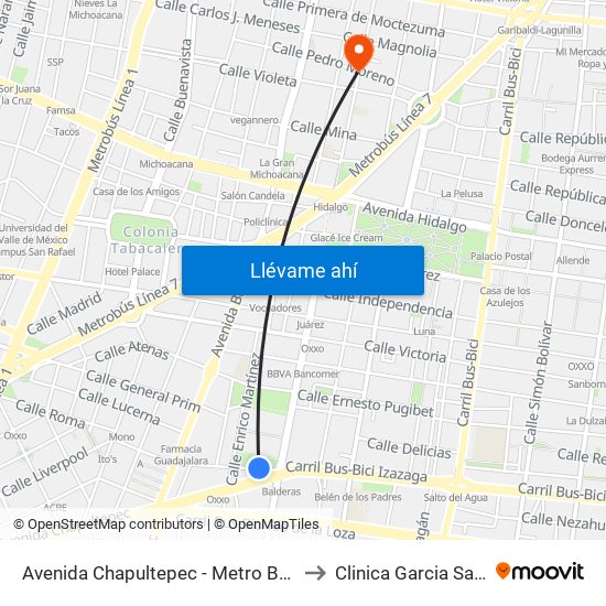 Avenida Chapultepec - Metro Balderas to Clinica Garcia Santos map