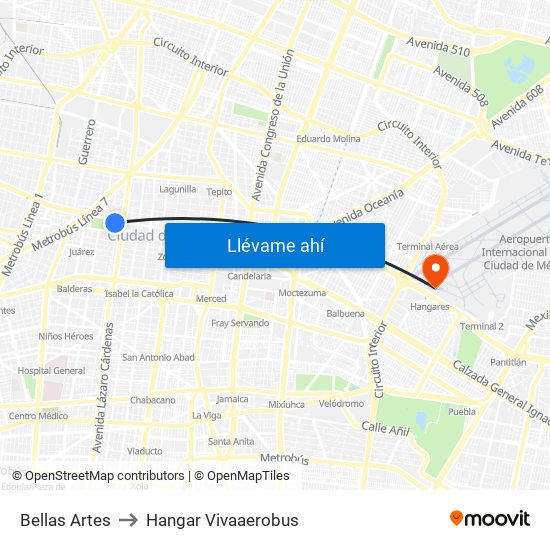 Bellas Artes to Hangar Vivaaerobus map