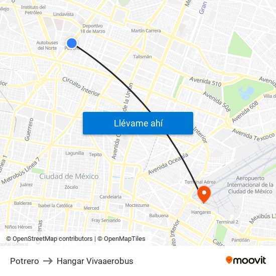 Potrero to Hangar Vivaaerobus map