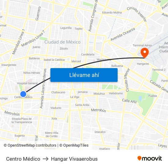 Centro Médico to Hangar Vivaaerobus map