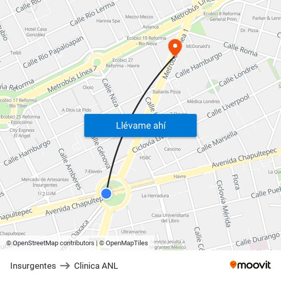 Insurgentes to Clinica ANL map