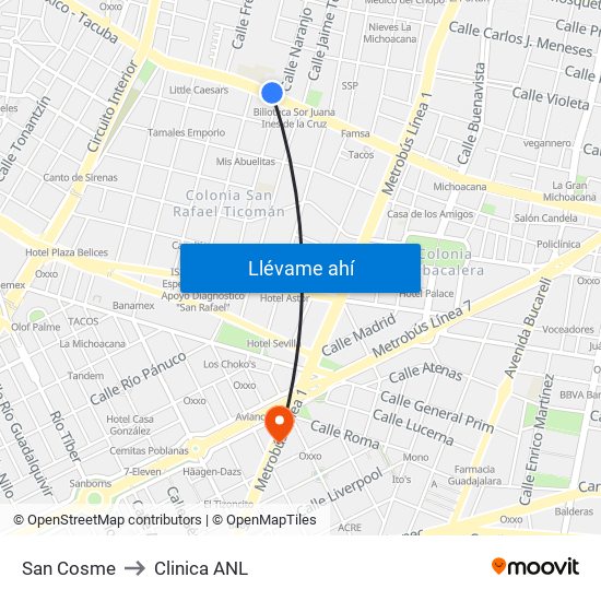 San Cosme to Clinica ANL map
