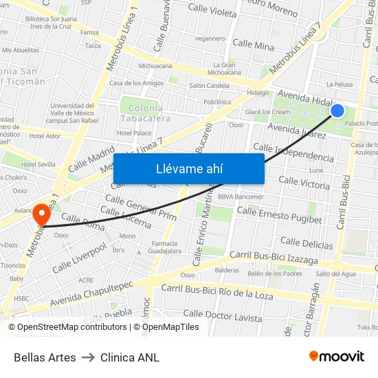 Bellas Artes to Clinica ANL map