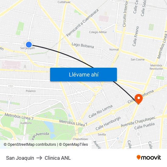 San Joaquín to Clinica ANL map