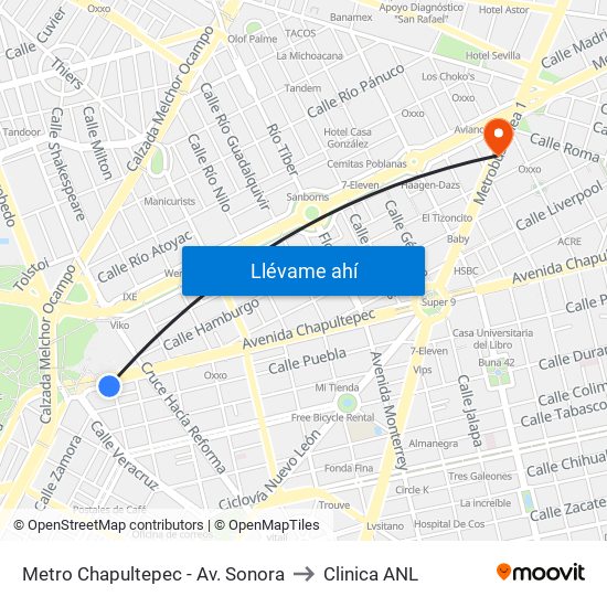 Metro Chapultepec - Av. Sonora to Clinica ANL map