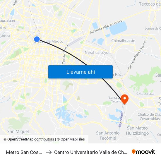 Metro San Cosme to Centro Universitario Valle de Chalco map