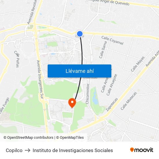 Copilco to Instituto de Investigaciones Sociales map