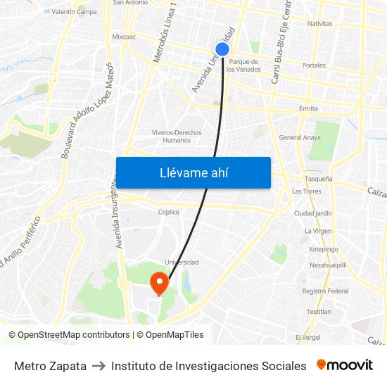 Metro Zapata to Instituto de Investigaciones Sociales map