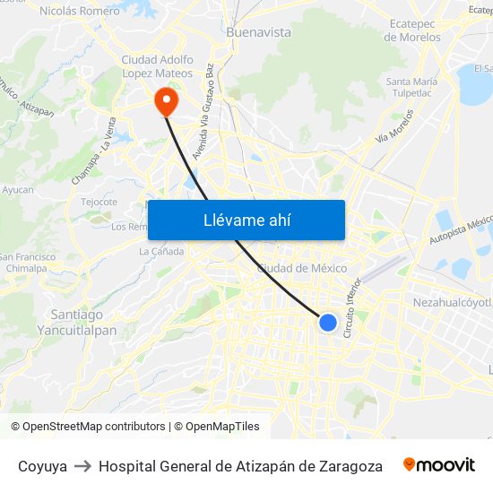 Coyuya to Hospital General de Atizapán de Zaragoza map