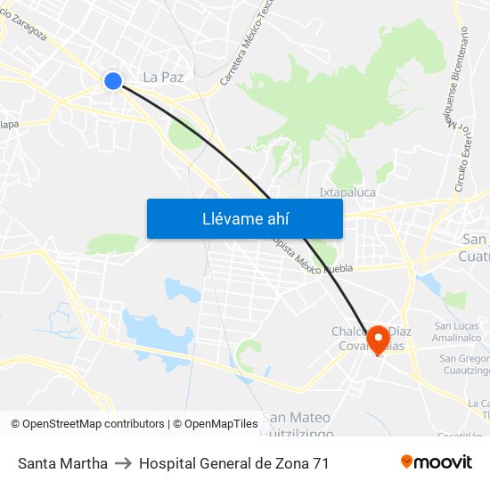 Santa Martha to Hospital General de Zona 71 map