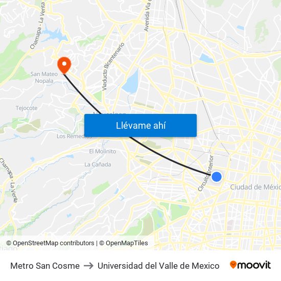 Metro San Cosme to Universidad del Valle de Mexico map