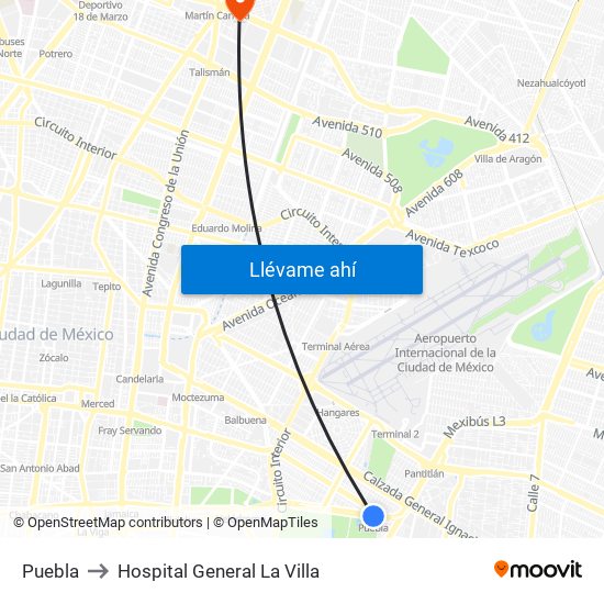 Puebla to Hospital General La Villa map