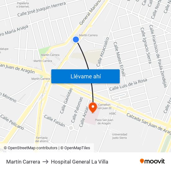 Martín Carrera to Hospital General La Villa map