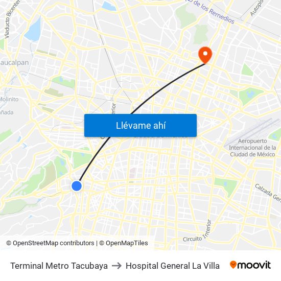 Terminal Metro Tacubaya to Hospital General La Villa map