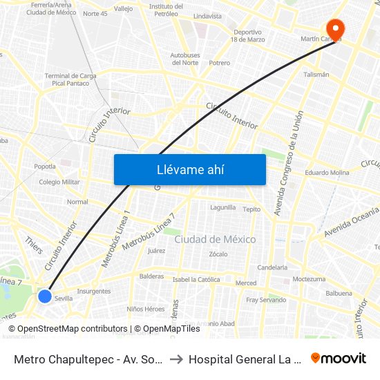 Metro Chapultepec - Av. Sonora to Hospital General La Villa map