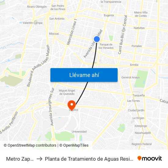 Metro Zapata to Planta de Tratamiento de Aguas Residuales map