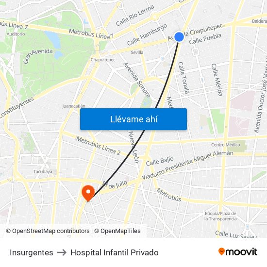 Insurgentes to Hospital Infantil Privado map