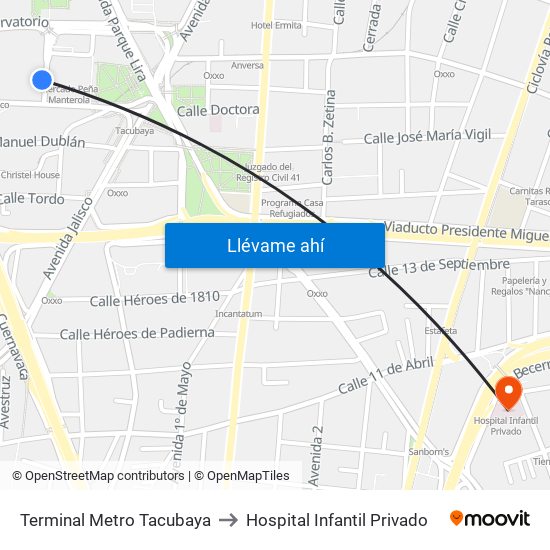 Terminal Metro Tacubaya to Hospital Infantil Privado map